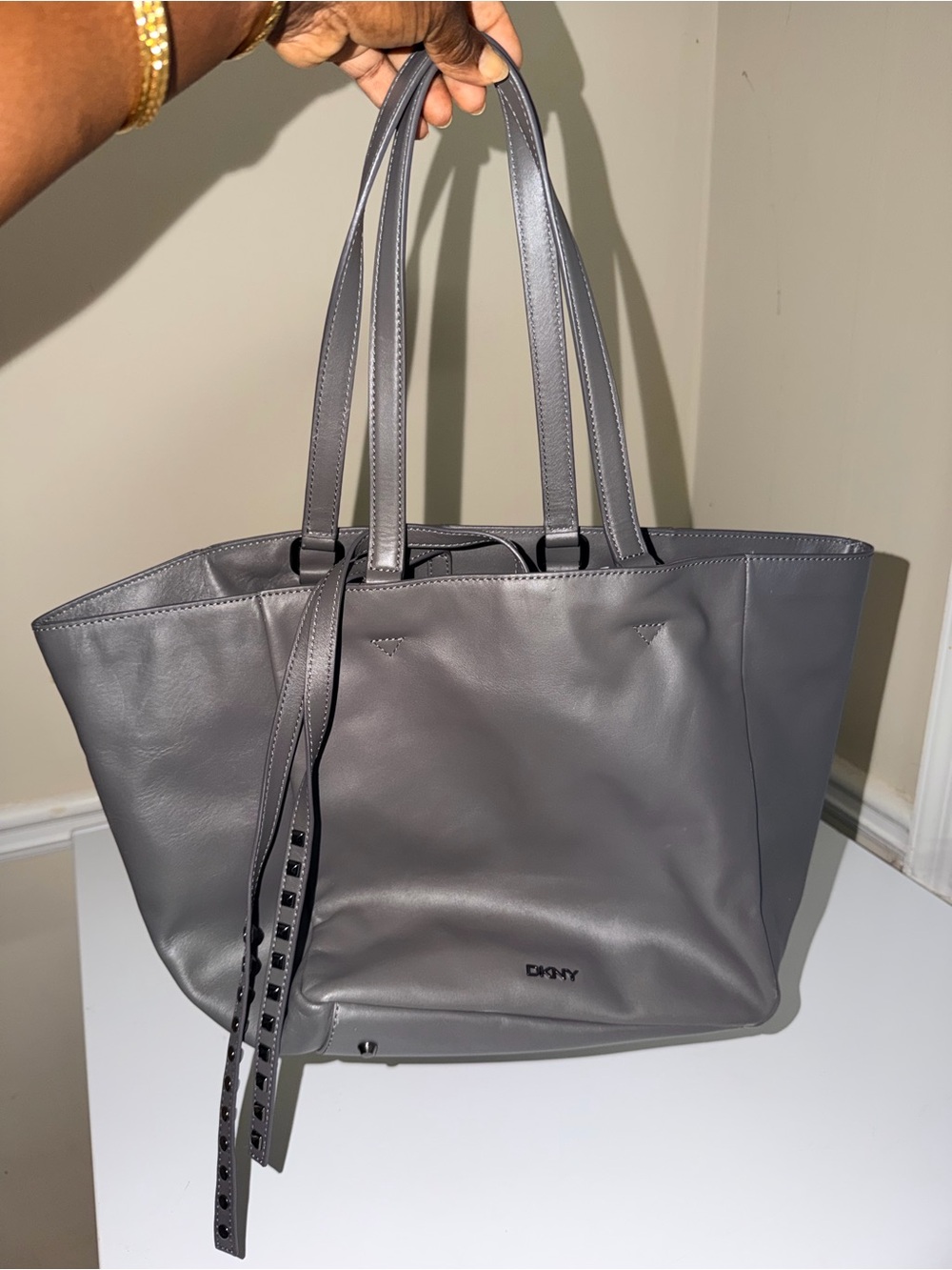 DKNY Gray Leather Tote with Studded Strap Accent